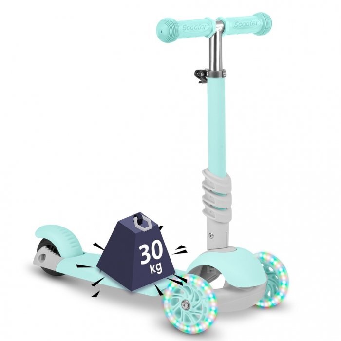 Ricokids Trotineta 3 in 1 pentru copii Buggy Mint cu scaunel reglabilinaltime ghidon reglabilaroti cu lumini LEDplatforma antiderapantacadru din aluminiumanere ergonomice si cosulet pentru accesorii