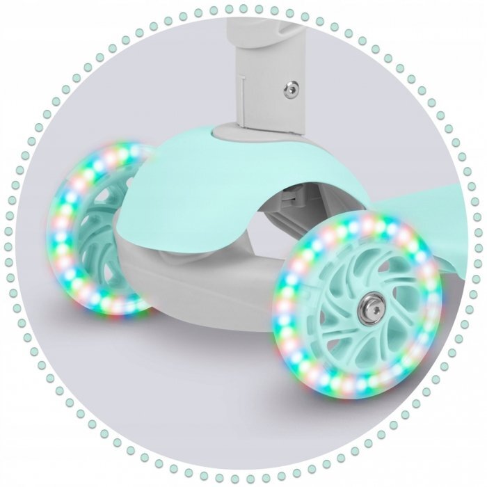 Ricokids Trotineta 3 in 1 pentru copii Buggy Mint cu scaunel reglabilinaltime ghidon reglabilaroti cu lumini LEDplatforma antiderapantacadru din aluminiumanere ergonomice si cosulet pentru accesorii
