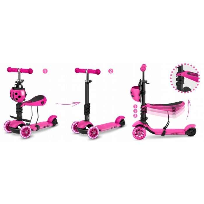 Ricokids Trotineta 3 in 1 pentru copii Buggy Roz cu scaunel reglabilinaltime ghidon reglabilaroti cu lumini LEDplatforma antiderapantacadru din aluminiumanere ergonomice si cosulet pentru accesorii