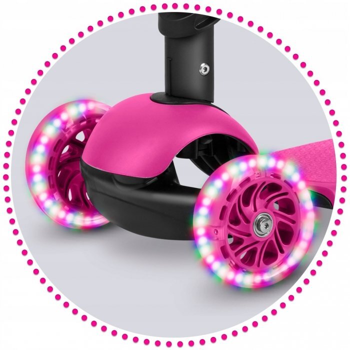Ricokids Trotineta 3 in 1 pentru copii Buggy Roz cu scaunel reglabilinaltime ghidon reglabilaroti cu lumini LEDplatforma antiderapantacadru din aluminiumanere ergonomice si cosulet pentru accesorii