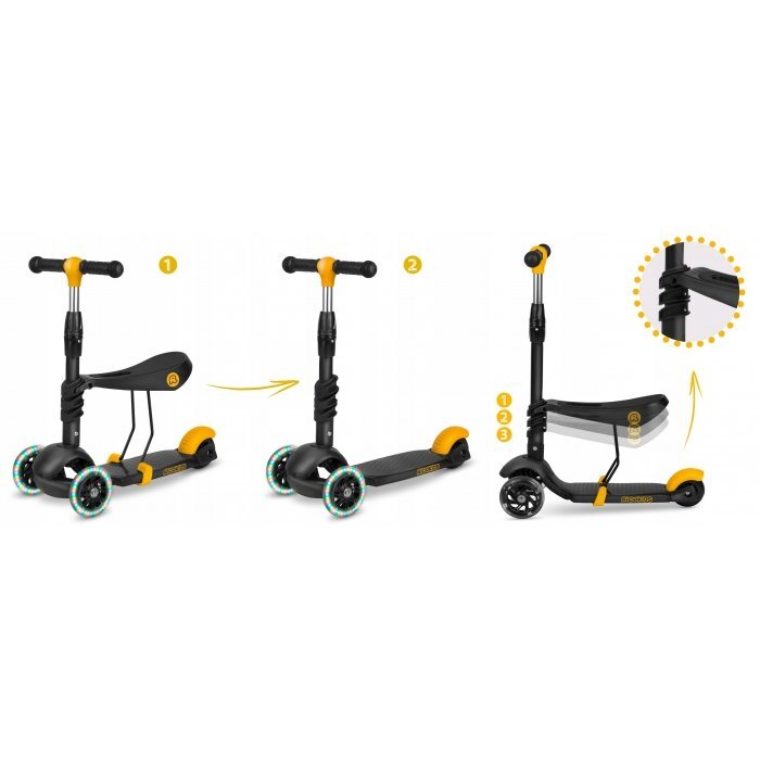 Ricokids Trotineta 3 in 1 pentru copii Cubi NegruGalben cu scaunelroti cu lumini LEDplatforma antiderapantacadru din aluminiumanere ergonomicegreutate suportata 30 kg varsta 3 ani+