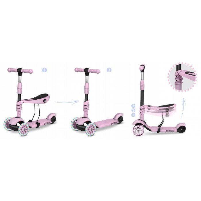 Ricokids Trotineta 3 in 1 pentru copii Cubi Roz cu scaunelroti cu lumini LEDplatforma antiderapantacadru din aluminiumanere ergonomicegreutate suportata 30 kg varsta 3 ani+