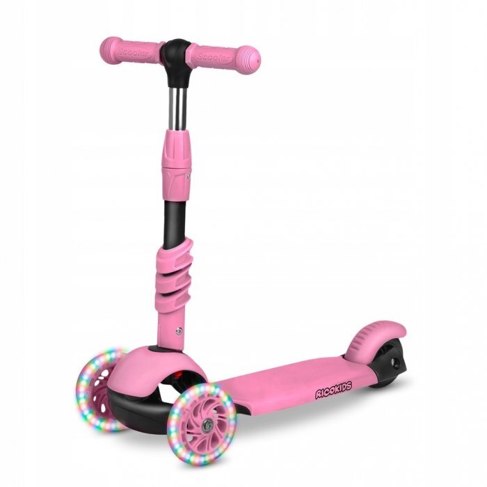 Ricokids Trotineta 4 in 1 pentru copii Todi Roz scaunel reglabil cu spatarmaner parental detasabil inaltime ghidon reglabila roti cu lumini LED platforma antiderapanta cadru din aluminiu manere ergonomice