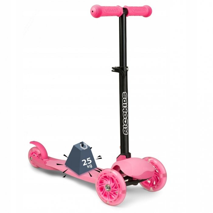 Ricokids Trotineta cu roti cu led Loco roz pliabila ghidon reglabil greutate suportata 25 kg varsta 3 ani+