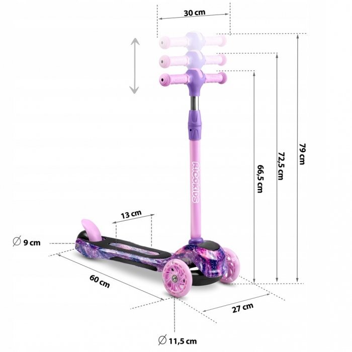 Ricokids Trotineta cu roti LED Piko Violet Roz reglabila din aluminiu greutate suportata 35 kg