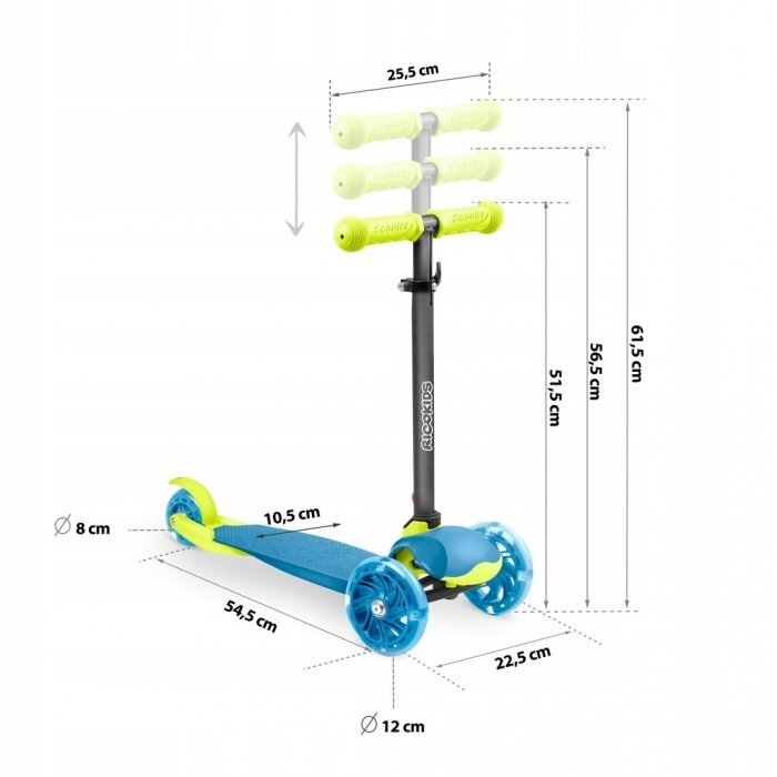 Ricokids Trotineta Loco albastru-verde pliabila ghidon reglabil roti cu Led platforma antiderapanta greutate admisa 25 kg