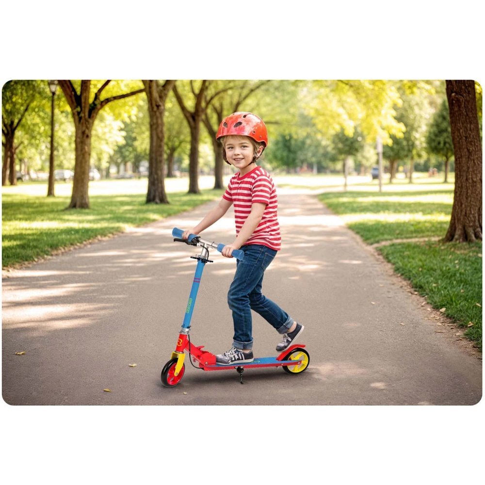 Ricokids Trotineta pentru copii Kodi AlbastruRosu pliabila inaltime ghidon reglabila platforma antiderapanta roti din PU rezistente rulmenti ABEC-7 2 frane de mana si picior manere ergonomice pliabile si cric