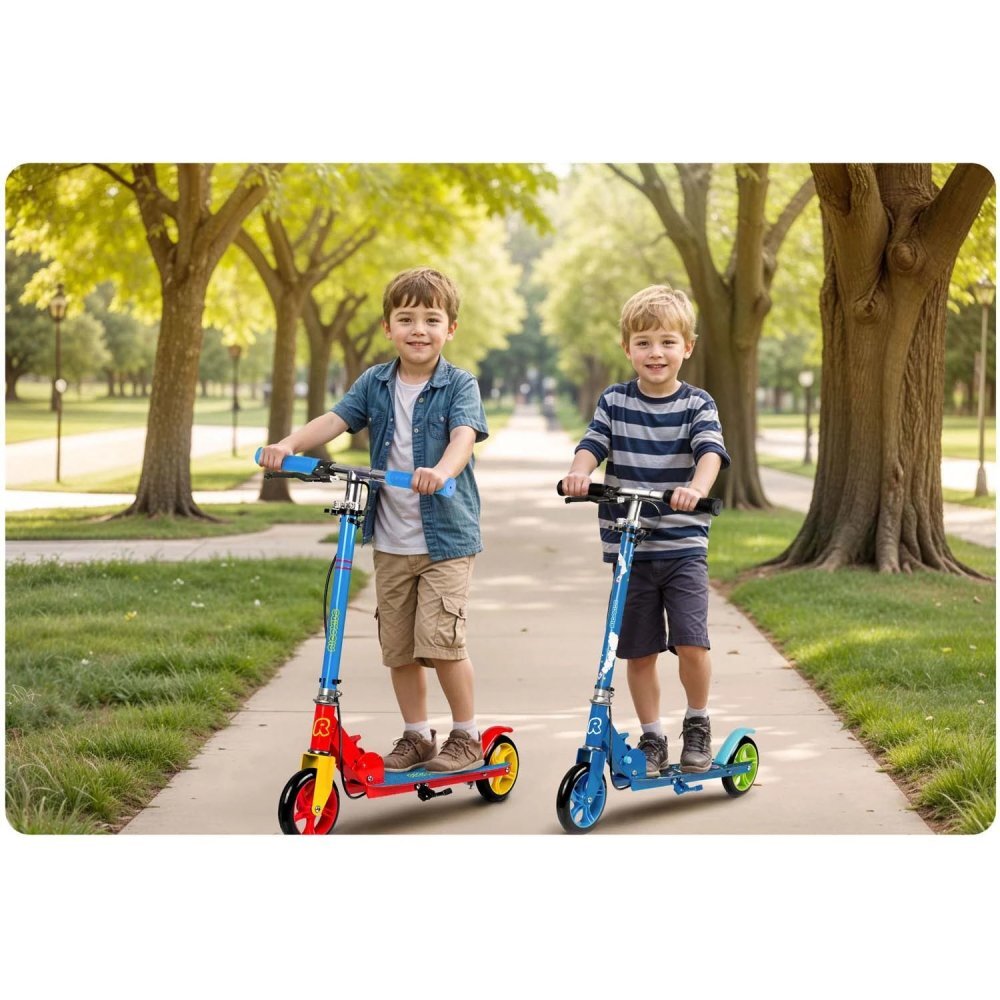 Ricokids Trotineta pentru copii Kodi AlbastruRosu pliabila inaltime ghidon reglabila platforma antiderapanta roti din PU rezistente rulmenti ABEC-7 2 frane de mana si picior manere ergonomice pliabile si cric