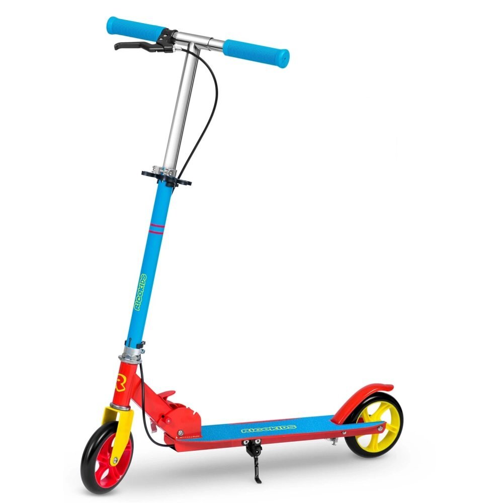 Ricokids Trotineta pentru copii Kodi AlbastruRosu pliabila inaltime ghidon reglabila platforma antiderapanta roti din PU rezistente rulmenti ABEC-7 2 frane de mana si picior manere ergonomice pliabile si cric
