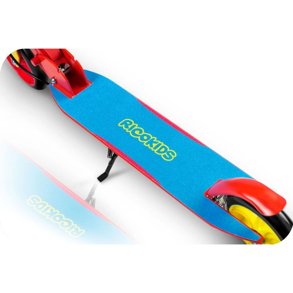 Ricokids Trotineta pentru copii Kodi AlbastruRosu pliabila inaltime ghidon reglabila platforma antiderapanta roti din PU rezistente rulmenti ABEC-7 2 frane de mana si picior manere ergonomice pliabile si cric