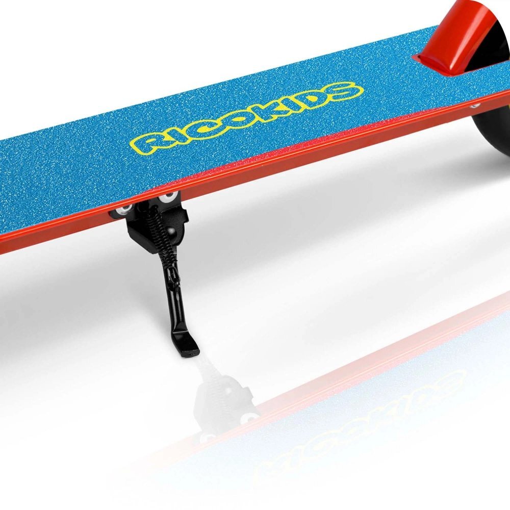 Ricokids Trotineta pentru copii Kodi AlbastruRosu pliabila inaltime ghidon reglabila platforma antiderapanta roti din PU rezistente rulmenti ABEC-7 2 frane de mana si picior manere ergonomice pliabile si cric