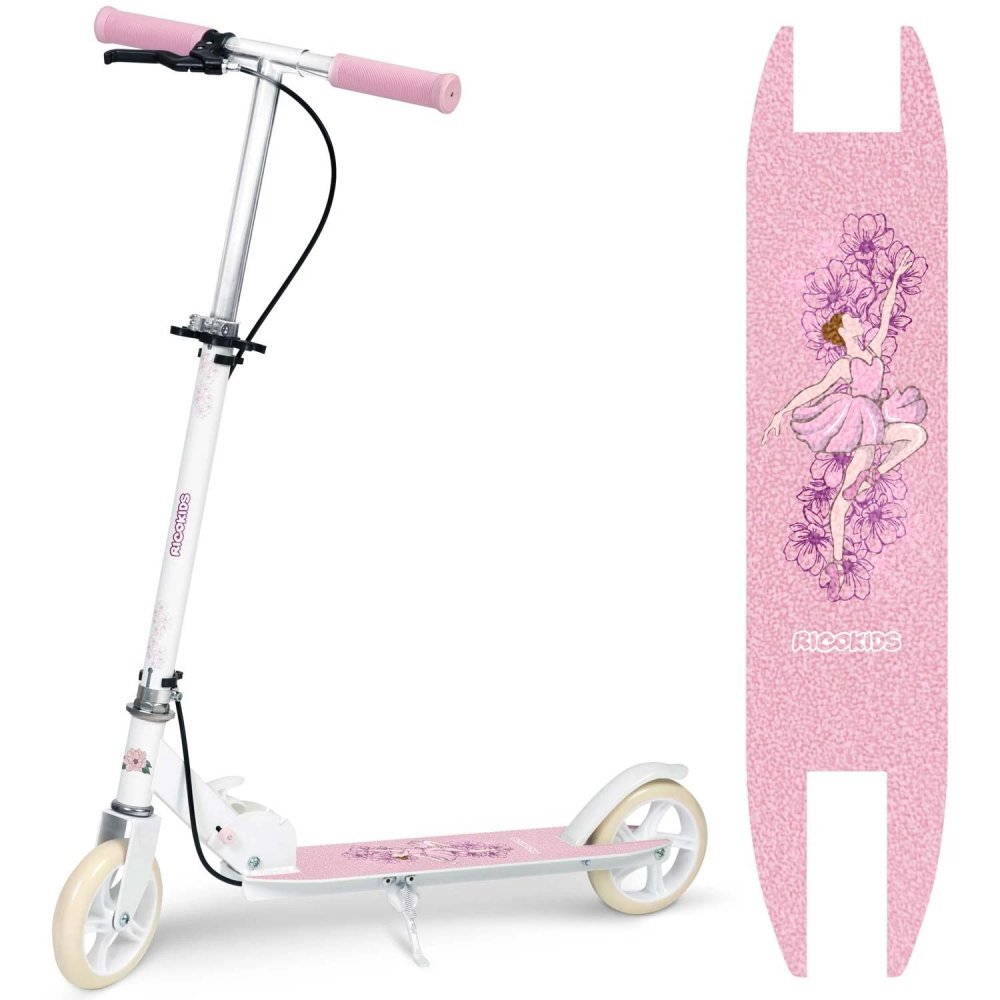 Ricokids Trotineta pentru copii Kodi Ballerina pliabila inaltime ghidon reglabila platforma antiderapanta roti din PU rezistente rulmenti ABEC-7 2 frane de mana si picior manere ergonomice pliabile si cric