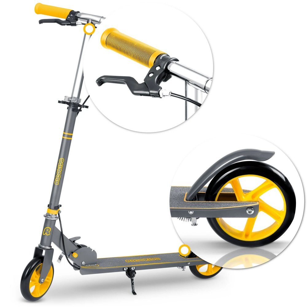 Ricokids Trotineta pentru copii Kodi GriGalben pliabila inaltime ghidon reglabila platforma antiderapanta roti din PU rezistente rulmenti ABEC-7 2 frane de mana si picior manere ergonomice pliabile si cric
