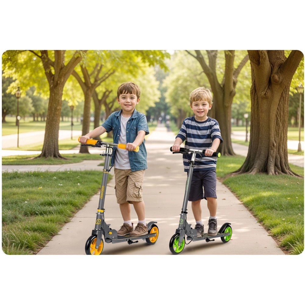Ricokids Trotineta pentru copii Kodi GriGalben pliabila inaltime ghidon reglabila platforma antiderapanta roti din PU rezistente rulmenti ABEC-7 2 frane de mana si picior manere ergonomice pliabile si cric