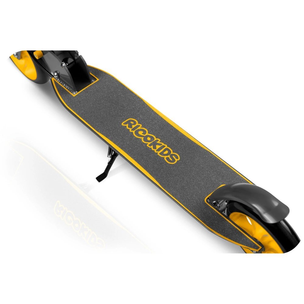 Ricokids Trotineta pentru copii Kodi GriGalben pliabila inaltime ghidon reglabila platforma antiderapanta roti din PU rezistente rulmenti ABEC-7 2 frane de mana si picior manere ergonomice pliabile si cric