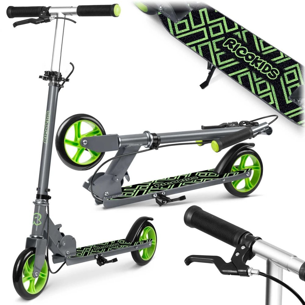 Ricokids Trotineta pentru copii Kodi NegruVerde pliabila inaltime ghidon reglabila platforma antiderapanta roti din PU rezistente rulmenti ABEC-7 2 frane de mana si picior manere ergonomice pliabile si cric