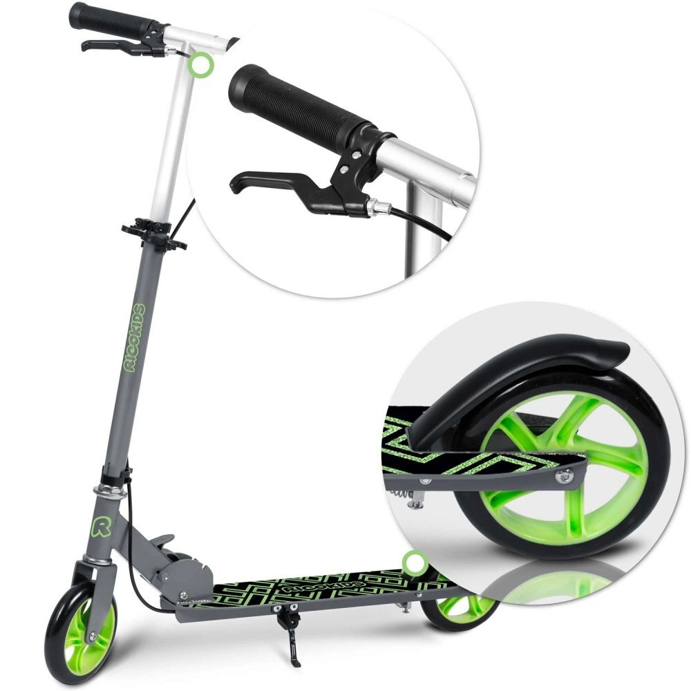 Ricokids Trotineta pentru copii Kodi NegruVerde pliabila inaltime ghidon reglabila platforma antiderapanta roti din PU rezistente rulmenti ABEC-7 2 frane de mana si picior manere ergonomice pliabile si cric