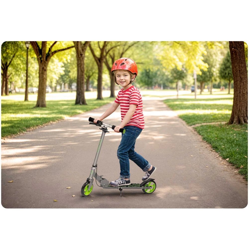 Ricokids Trotineta pentru copii Kodi NegruVerde pliabila inaltime ghidon reglabila platforma antiderapanta roti din PU rezistente rulmenti ABEC-7 2 frane de mana si picior manere ergonomice pliabile si cric