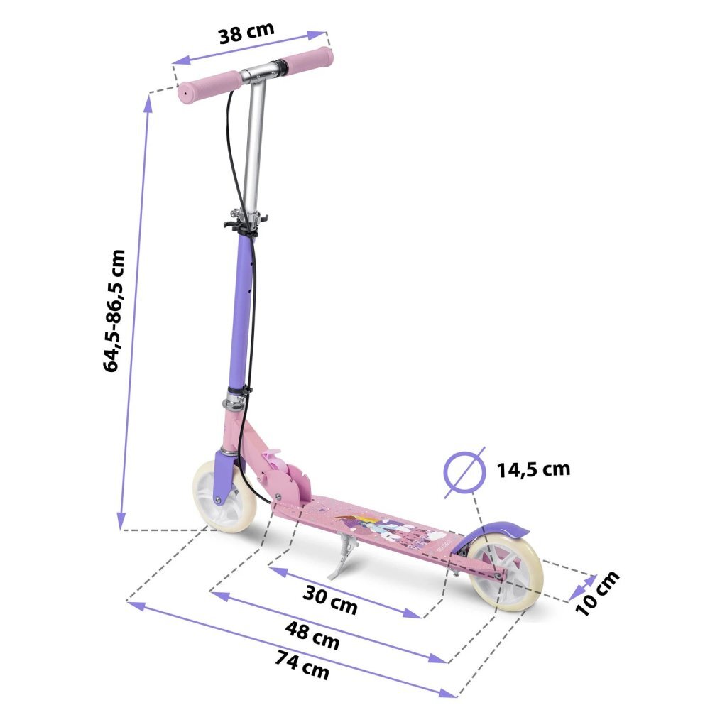 Ricokids Trotineta pentru copii Kodi Princess pliabila inaltime ghidon reglabila platforma antiderapanta roti din PU rezistente rulmenti ABEC-7 2 frane de mana si picior manere ergonomice pliabile si cric