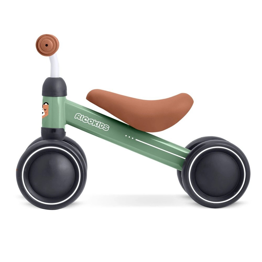 Ricokids Vehicul Ride On fara pedale Cross Country Green De la 12 luni Cadru metalic usor si rezistent Sezut confortabil din spuma moale Manere ergonomice antiderapante Roti din PP rezistent si silentios