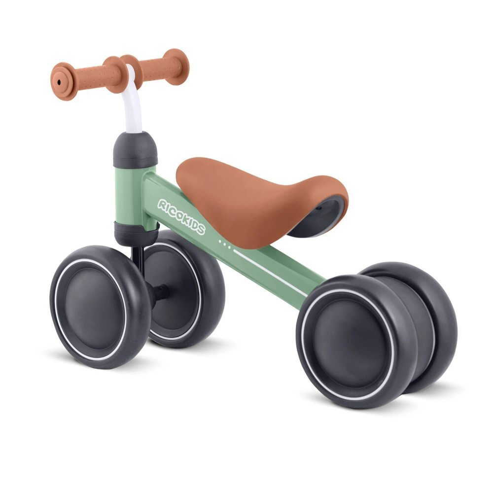 Ricokids Vehicul Ride On fara pedale Cross Country Green De la 12 luni Cadru metalic usor si rezistent Sezut confortabil din spuma moale Manere ergonomice antiderapante Roti din PP rezistent si silentios