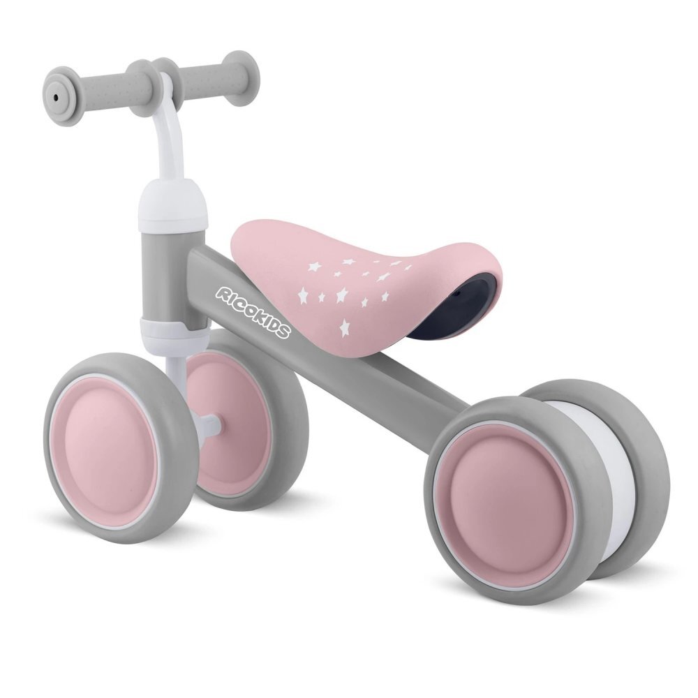 Ricokids Vehicul Ride On fara pedale Cross Country Pink De la 12 luni Cadru metalic usor si rezistent Sezut confortabil din spuma moale Manere ergonomice antiderapante Roti din PP rezistent si silentios