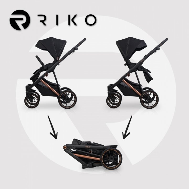 Riko Carucior 4 in 1 pentru copii Velar Magma Premium Line cu parte sport scoica auto testata ADAC i-Size omologat R129 cu baza isofix accesorii incluse pana la 22 kg Negru