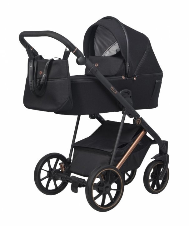 Riko Carucior pentru copii Velar Magma Premium Line 3 in 1 omologat i-Size R129 cu suspensii maner reglabil pe inaltime cu scoica auto Geanta si accesorii incluse pana la 22 kg Negru