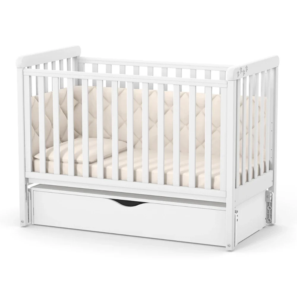 RKids Patut din lemn de fag Como pentru copii 120 x 60 cm cu laterala detasabila inaltime reglabila a saltelei lamele detasabile si sina pentru dentitie Alb