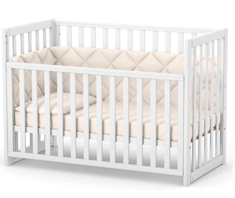 RKids Patut din lemn de fag Oslo pentru copii 120 x 60 cm 0-4 ani cu sina pentru dentitie inaltimea saltelei reglabila si laterala detasabila alb