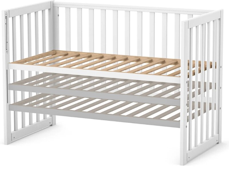 RKids Patut din lemn de fag Oslo pentru copii 120 x 60 cm 0-4 ani cu sina pentru dentitie inaltimea saltelei reglabila si laterala detasabila alb