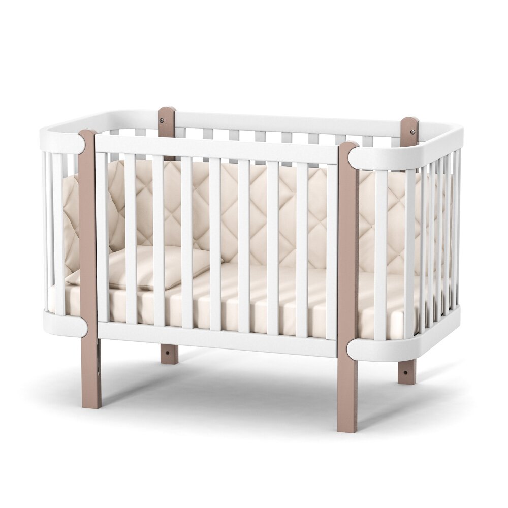 RKids Patut din lemn masiv de fag Monaco pentru copii 0-4 ani 120 x 60 cm inaltimea saltelei reglabila in 4 nivele si laterala detasabila Alb-cappuccino