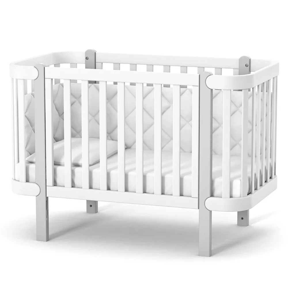 RKids Patut din lemn masiv de fag Monaco pentru copii 0-4 ani 120 x 60 cm inaltimea saltelei reglabila in 4 nivele si laterala detasabila alb-gri