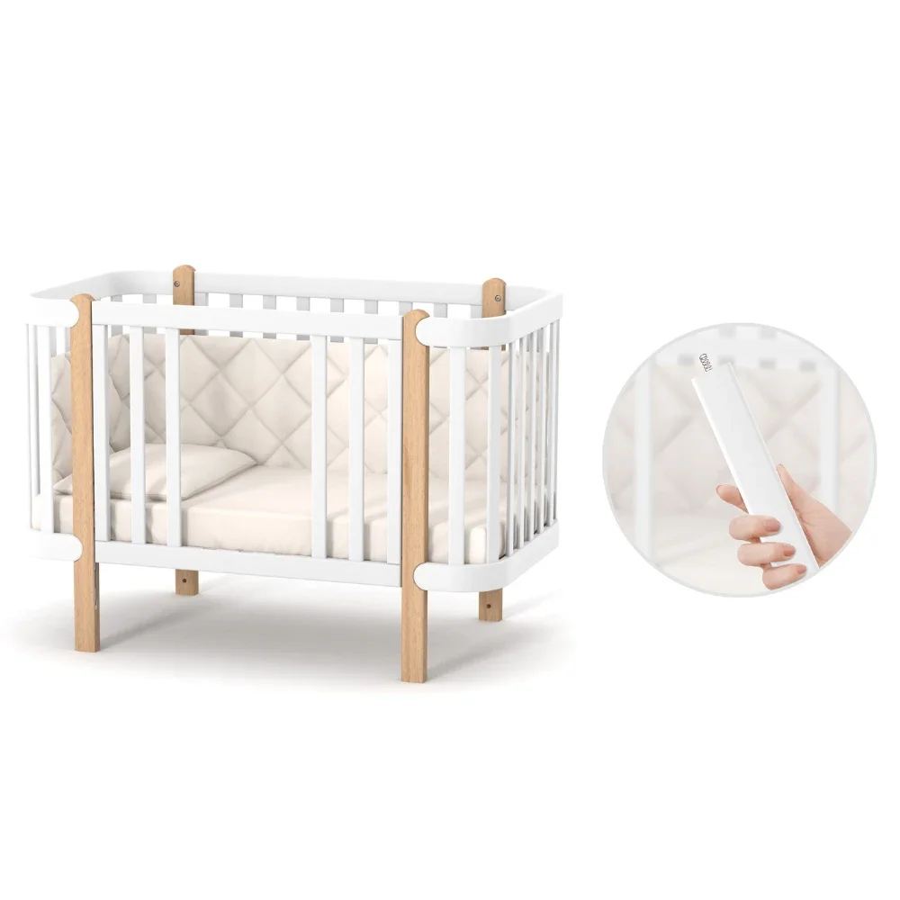 RKids Patut din lemn masiv de fag Monaco pentru copii 0-4 ani 120 x 60 cm inaltimea saltelei reglabila in 4 nivele si laterala detasabila alb-gri