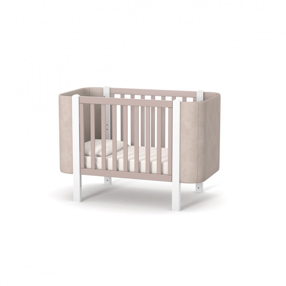 RKids Patut pentru copii 120 x 60 cm din lemn de fag 0-4 ani Monaco Velour Cappuccino cu inaltimea saltelei reglabila si laterala detasabila