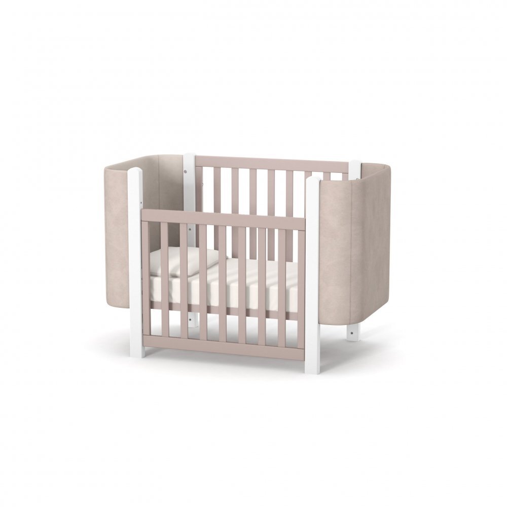 RKids Patut pentru copii 120 x 60 cm din lemn de fag 0-4 ani Monaco Velour Cappuccino cu inaltimea saltelei reglabila si laterala detasabila