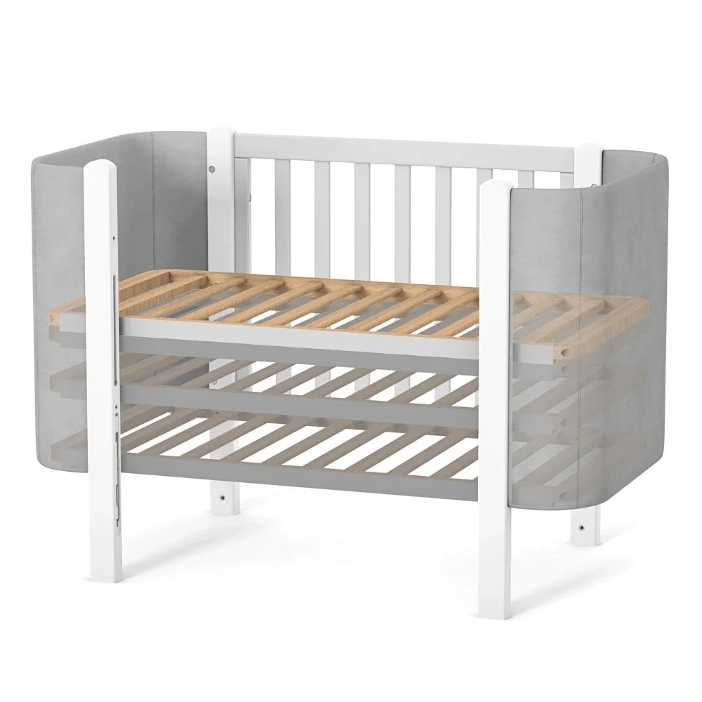 RKids Patut pentru copii 120 x 60 cm din lemn de fag 0-4 ani Monaco Velour Gri cu inaltimea saltelei reglabila si laterala detasabila