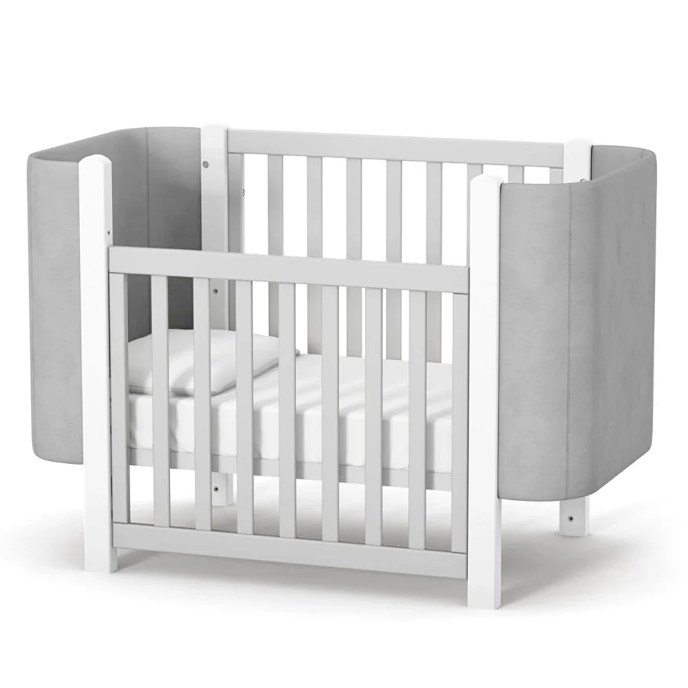 RKids Patut pentru copii 120 x 60 cm din lemn de fag 0-4 ani Monaco Velour Gri cu inaltimea saltelei reglabila si laterala detasabila
