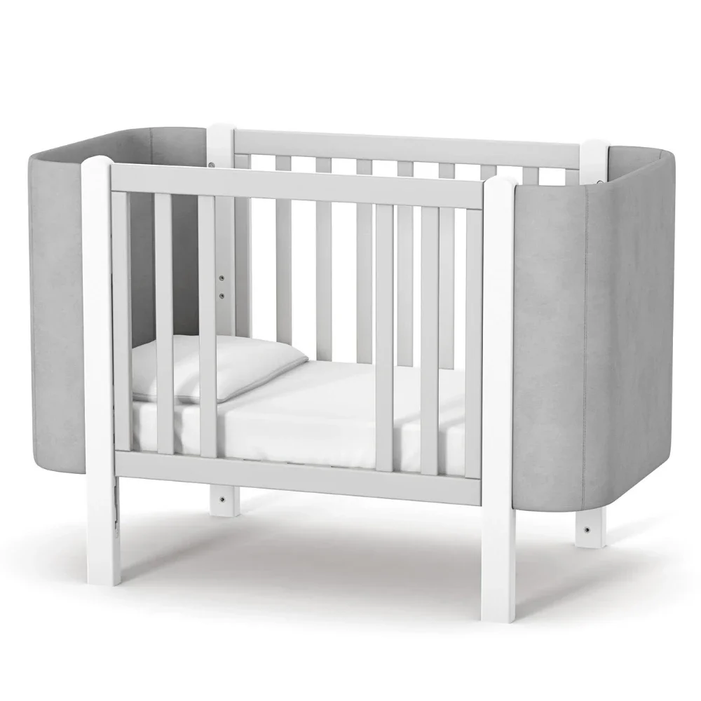 RKids Patut pentru copii 120 x 60 cm din lemn de fag 0-4 ani Monaco Velour Gri cu inaltimea saltelei reglabila si laterala detasabila