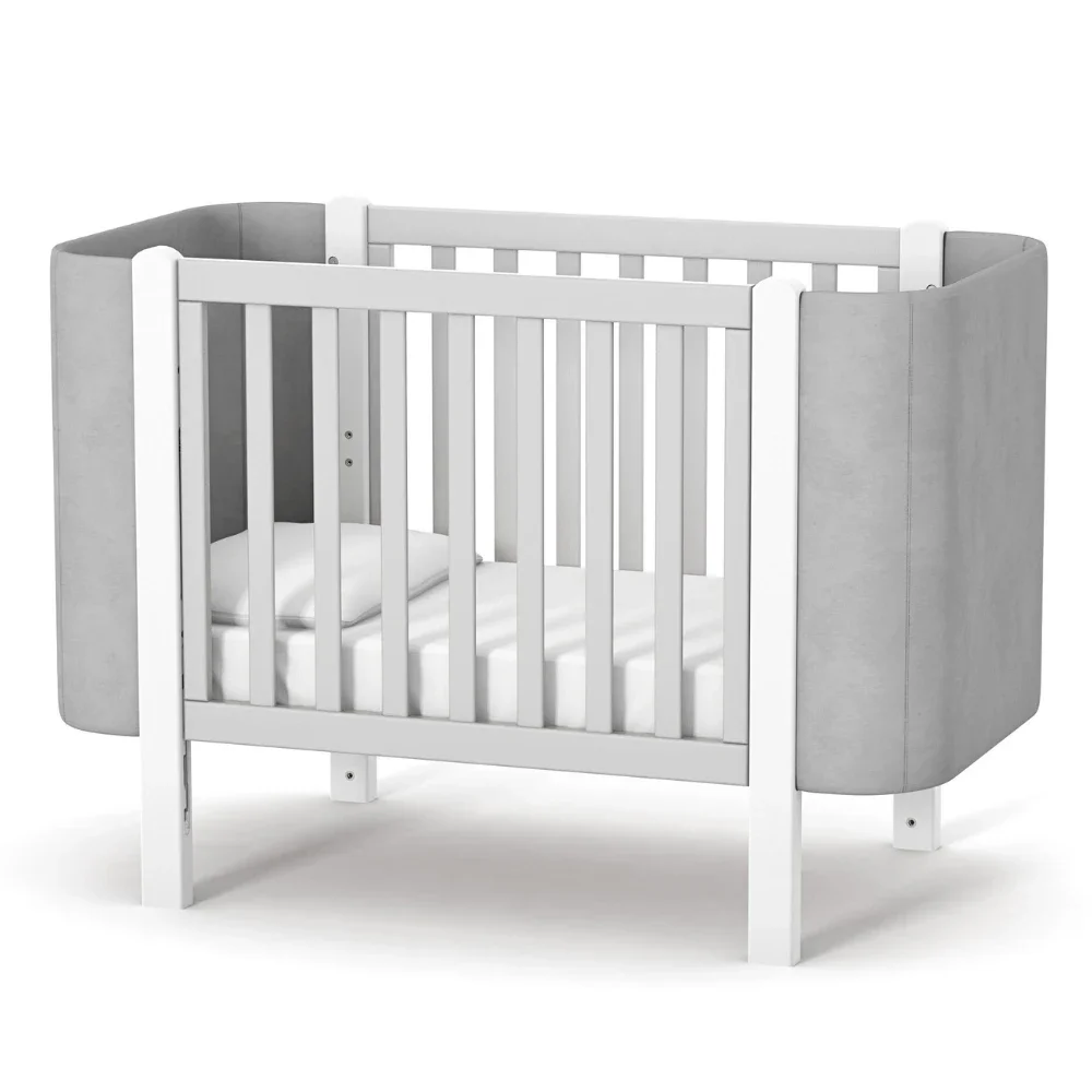 RKids Patut pentru copii 120 x 60 cm din lemn de fag 0-4 ani Monaco Velour Gri cu inaltimea saltelei reglabila si laterala detasabila