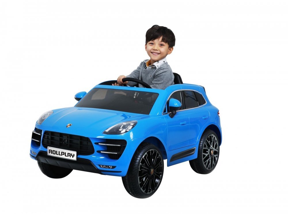 ROLLPLAY Masina electrica pentru copii Porche Macan Turbo 70W albastra deschidere usi schimbator de viteze unitate audio cu Mp3 si bluetooth cu telecomanda
