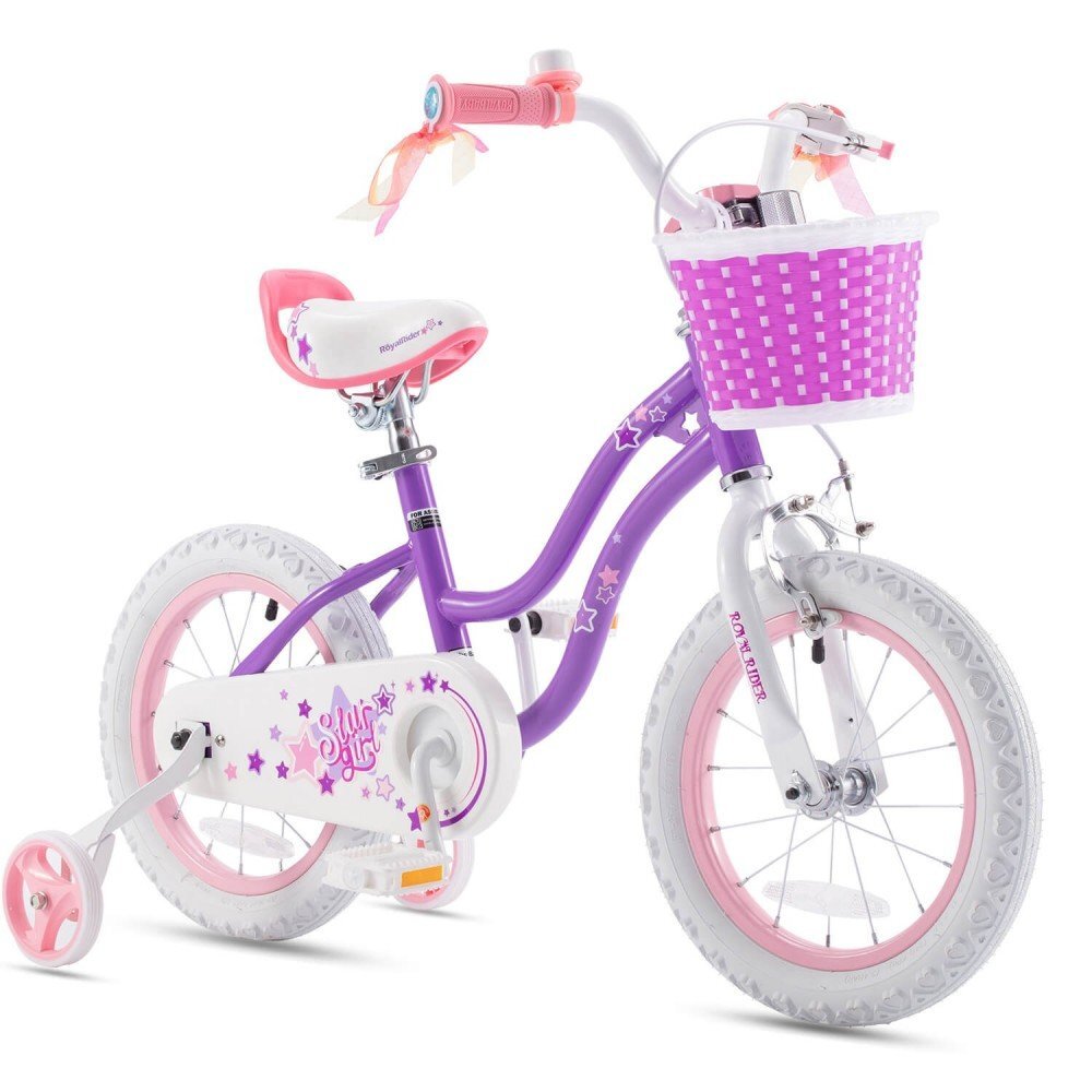 Royal Baby Bicicleta pentru copii StarGirl Mov cu roti ajutatoare ghidon reglabil cosulet varsta 3-5 ani roti 14 inch cadru din otel greutate suportata 50 kg