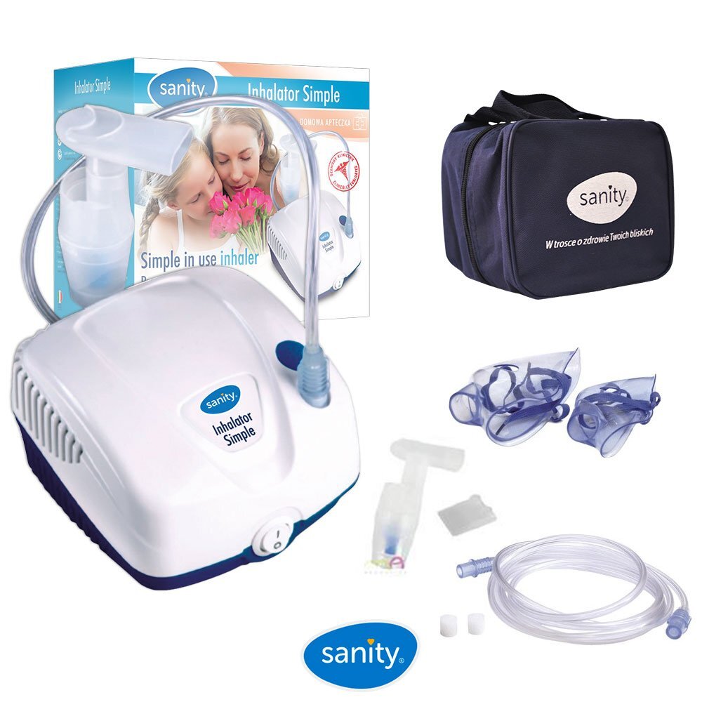 Sanity Aparat aerosoli cu compresor Inhaler Simple compact cu dimensiuni reduse geanta de transport alb