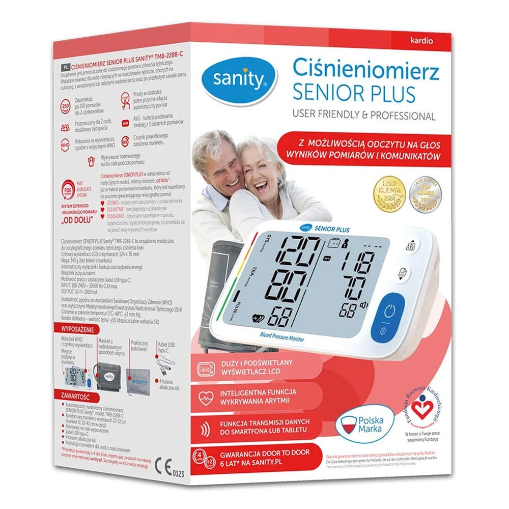 Sanity Tensiometru electronic de brat Senior Plus memorare 2 utilizatori manseta 22-32 cm detectare aritmie detectie miscarea corpului si cablu USB