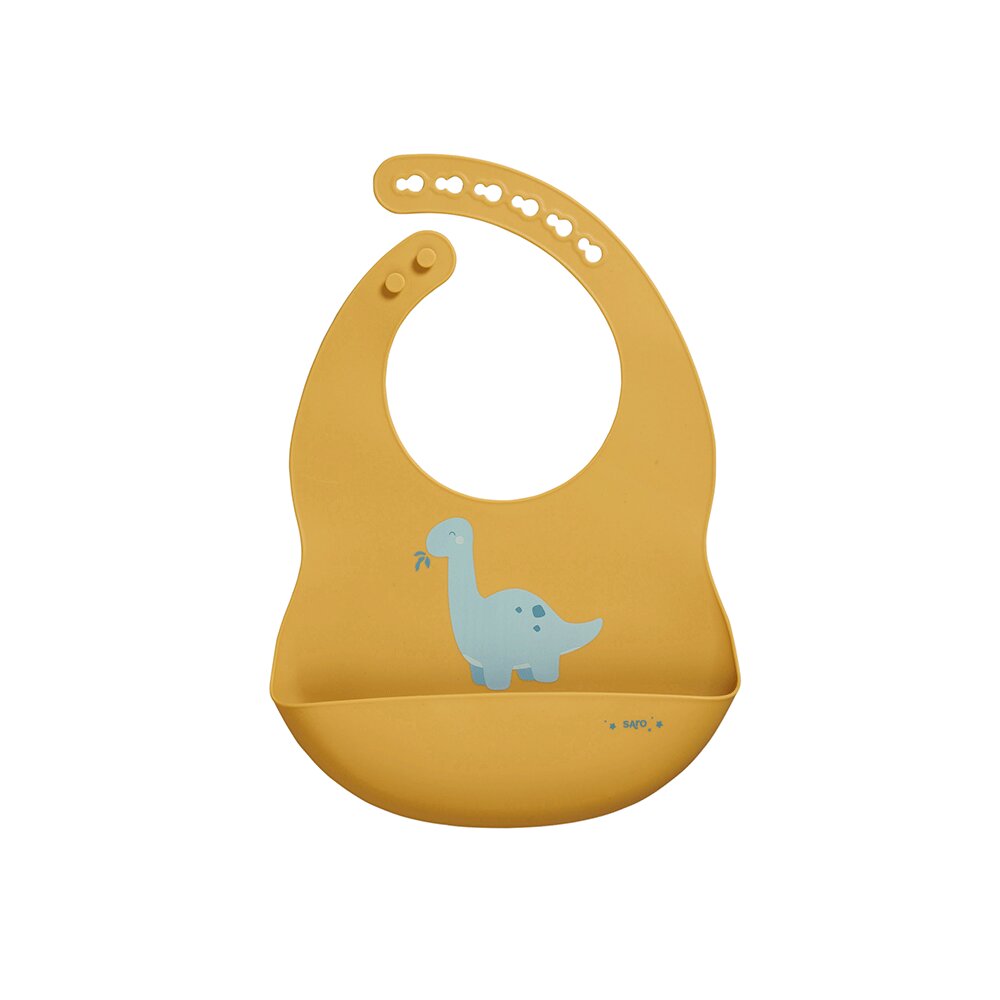Saro Baby Baveta ajustabila din silicon cu buzunar Party Dinos mustard