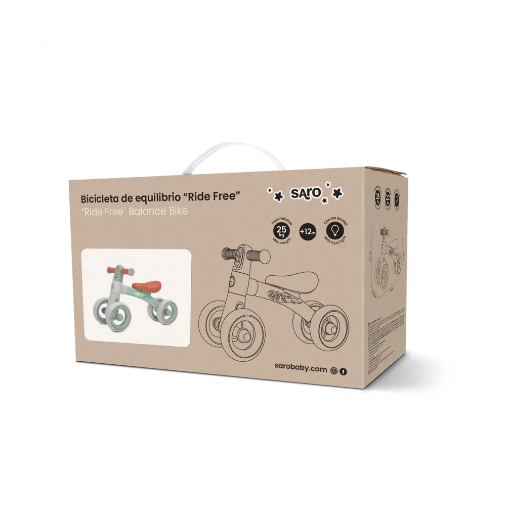 Saro Baby Bicicleta de echilibru Saro Ride Free Mint fara pedale cu 4 roti pentru stabilitate si lumina frontala pentru copii 12+ luni greutate admisa 25 kg