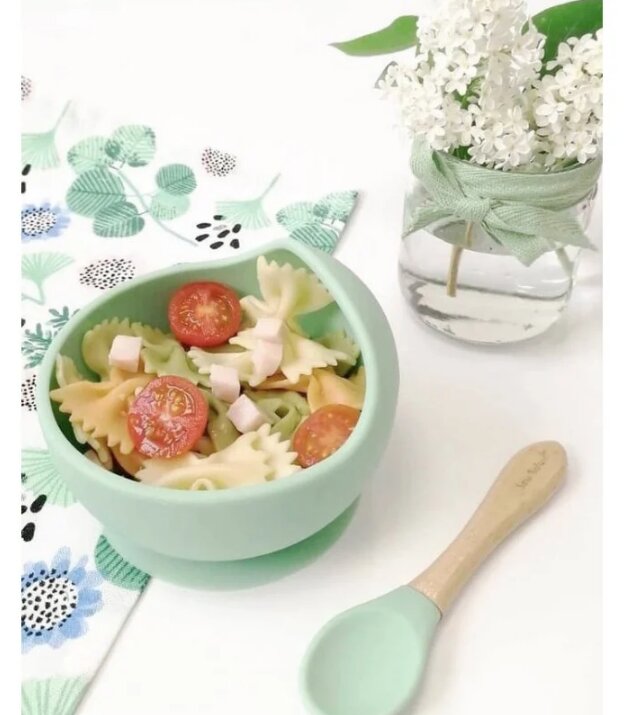 Saro Baby Bol anti-alunecare din silicon alimentar si lingurita Babyblue