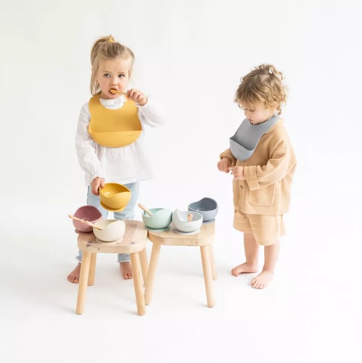 Saro Baby Bol anti-alunecare din silicon alimentar si lingurita Copper