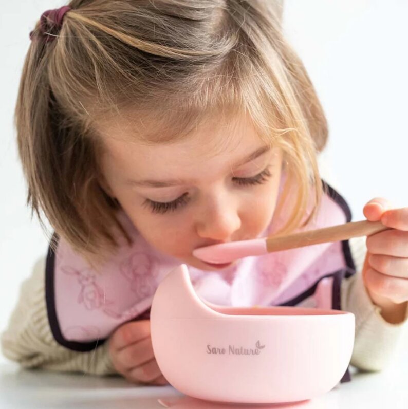 Saro Baby Bol anti-alunecare din silicon alimentar si lingurita Copper