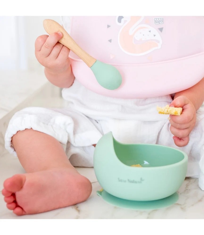 Saro Baby Bol anti-alunecare din silicon alimentar si lingurita Mint